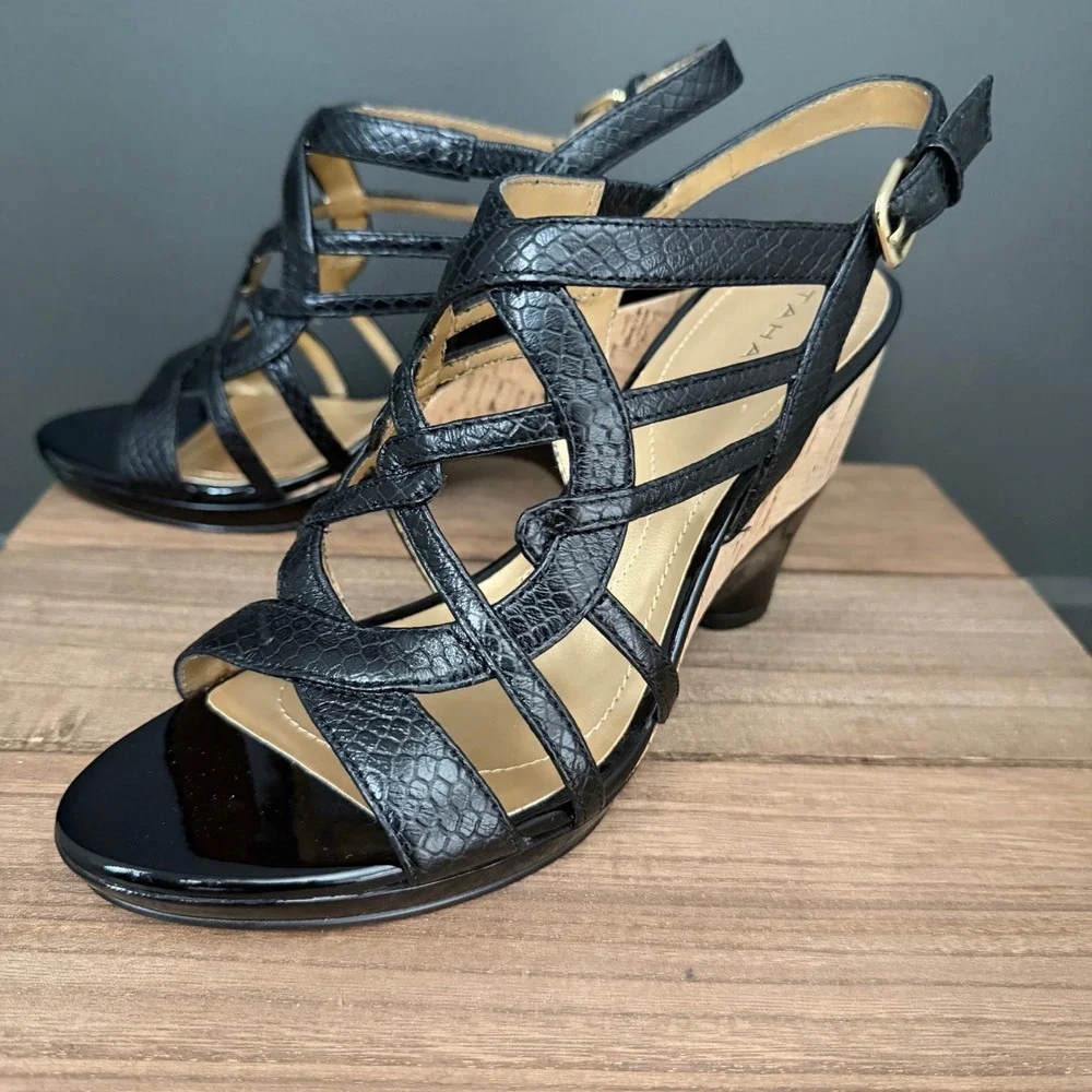 Tahari Petunia Black Snake Embossed Leather Cork Wedge Sandals Women 8.5 Strappy